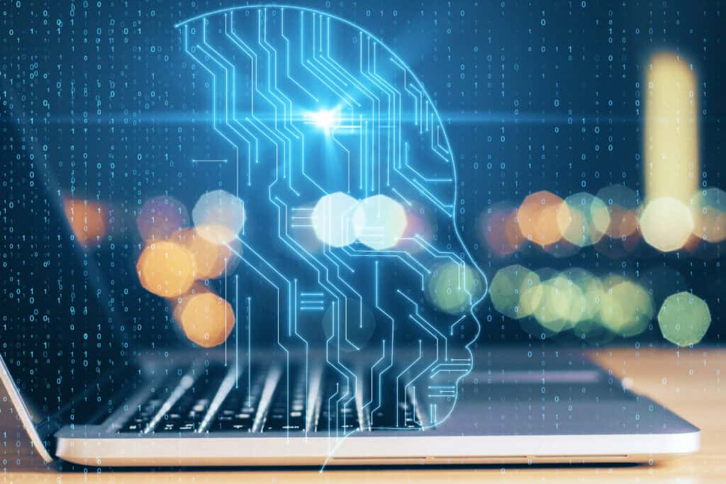 Cerveau numérique avec circuits bleus sur écran d'ordinateur portable
